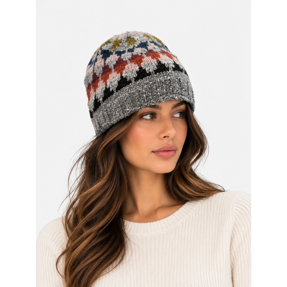 Feelgoodz Jaya Cabin Hat Gray Multi Wool Fleece Lined Beanie Handmade Nepal NWT